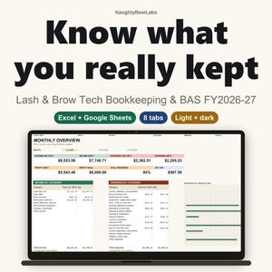 May include: A digital bookkeeping spreadsheet for lash and brow technicians titled Know what you really kept, featuring Excel and Google Sheets compatibility, eight tabs, and light or dark modes displayed on a laptop screen with financial data.