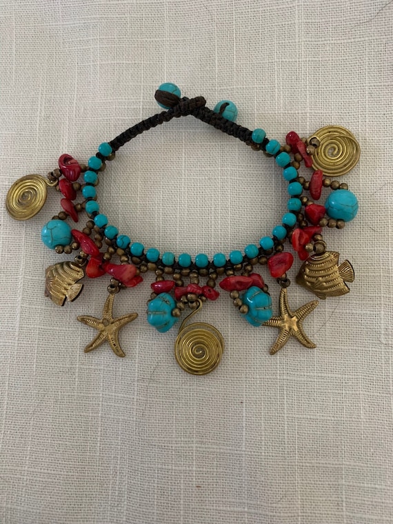 Vintage turquoise, and coral and brass beaded brac