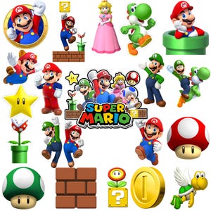May include: A collection of Super Mario character stickers featuring Mario, Luigi, Princess Peach, Yoshi, and Toad. The set includes various icons like a yellow star, red and green mushrooms, a gold coin, a brick block, and a question mark block.