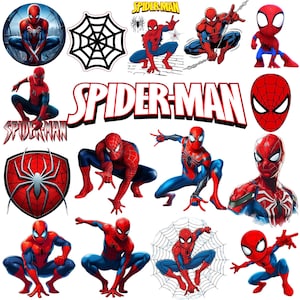Op de afbeelding: Een verzameling Spider-Man-stickers met het personage in verschillende actiehoudingen, een spinnenweb, een rood en zwart spinnenembleem en de tekst Spider-Man in dikke rode en witte letters op een witte achtergrond.