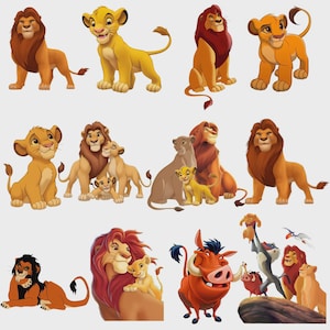 May include: A collection of animated lion characters including adult lions with brown manes, lion cubs with golden fur, a warthog, a mandrill holding a cub, and a hornbill. The characters are depicted in various poses, standing, sitting, and interacting.