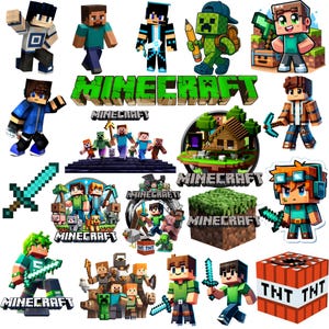 Può includere: Una collezione di adesivi Minecraft con vari personaggi a blocchi, tra cui Steve, un Creeper con una matita e diversi avatar che impugnano spade o picconi. Il set include il logo Minecraft, un blocco TNT e scene di paesaggi.