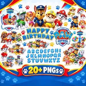 Puede incluir: Una colección digital de ilustraciones de personajes de Paw Patrol, incluyendo a Chase, Marshall, Skye, Rubble, Rocky y Zuma, con el texto Happy Birthday, el logo de Paw Patrol, un abecedario y la etiqueta 20+ PNGs sobre un fondo azul.