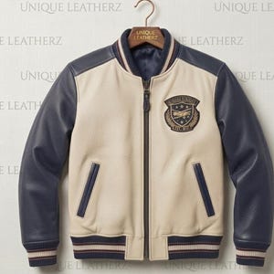 Cream and Navy Leather Varsity Jacket, Premium Pebbled Grain Leather Bomber, Custom Aviation Patch,  Luxury Men's Outerwear, Unique Leatherz