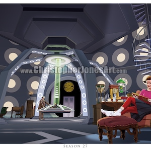 May include: A cartoon illustration of a room with a large, circular, gray ceiling with white circles. A woman in a pink shirt and red pants sits in a chair reading a book. A man in a brown suit stands in the center of the room. The text "SEASON 27" is printed at the bottom of the image.