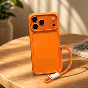 May include: A bright orange smartphone case with a raised camera cutout area featuring three circular lens openings and a small flash hole. The case includes a matching orange wrist strap attached to the bottom with a white cylindrical connector.