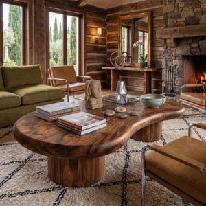 May include: A large, organic-shaped coffee table crafted from solid dark wood with a smooth, polished surface. The table features a thick, cylindrical base and is positioned in a room with a green sofa and tan leather chairs on a patterned rug.