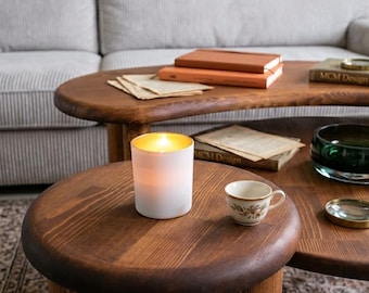 Modern 3-Piece Nesting Solid Timber Table Set, Biomorphic Crescent Round Centerpiece, Earthy Japandi Lounge Furniture for Homes