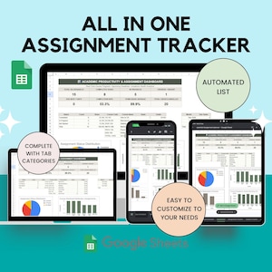Puede incluir: Una plantilla digital de seguimiento de tareas para Google Sheets mostrada en un monitor de computadora, un tel&eacute;fono inteligente y una tableta. El panel presenta gr&aacute;ficos, tablas y el texto ALL IN ONE ASSIGNMENT TRACKER, AUTOMATED LIST, COMPLETE WITH TAB CATEGORIES y EASY TO CUSTOMIZE TO YOUR NEEDS.