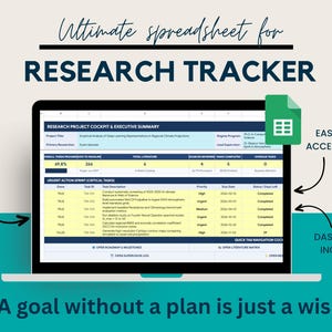 May include: A digital research tracker spreadsheet displayed on a laptop screen. The interface features a Research Project Cockpit, executive summary, and urgent action sprint table with task descriptions, priorities, and due dates. Text includes Ultimate spreadsheet for RESEARCH TRACKER, Beginner Friendly, Easily Accessible, Dashboard Included, and A goal without a plan is just a wish.