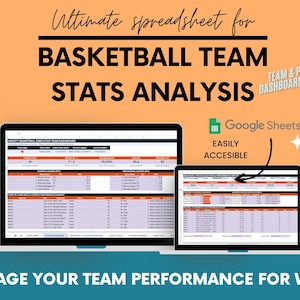 May include: A digital basketball team stats analysis spreadsheet displayed on two laptop screens. The text reads Ultimate spreadsheet for BASKETBALL TEAM STATS ANALYSIS, TEAM & PLAYERS DASHBOARD INCLUDED, Google Sheets, EASILY ACCESSIBLE, and MANAGE YOUR TEAM PERFORMANCE FOR WINS!