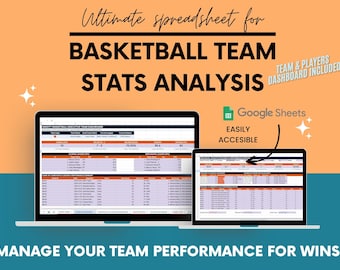 Puede incluir: Una hoja de cálculo digital para el análisis de estadísticas de un equipo de baloncesto mostrada en dos pantallas de ordenador. El texto dice Ultimate spreadsheet for BASKETBALL TEAM STATS ANALYSIS, TEAM & PLAYERS DASHBOARD INCLUDED, Google Sheets, EASILY ACCESSIBLE y MANAGE YOUR TEAM PERFORMANCE FOR WINS!