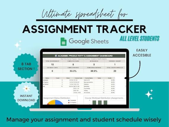 Student Assignment Tracker Spreadsheet | College & University Academic Planner | Homework Deadline Tracker | Grade Dashboard