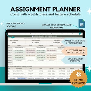 Puede incluir: Un planificador de tareas digital en la pantalla de una computadora port&aacute;til, que muestra un horario semanal de clases, directorio de cursos y ubicaciones de aulas. La interfaz incluye ocho pesta&ntilde;as, prioridades codificadas por colores y opciones de personalizaci&oacute;n.