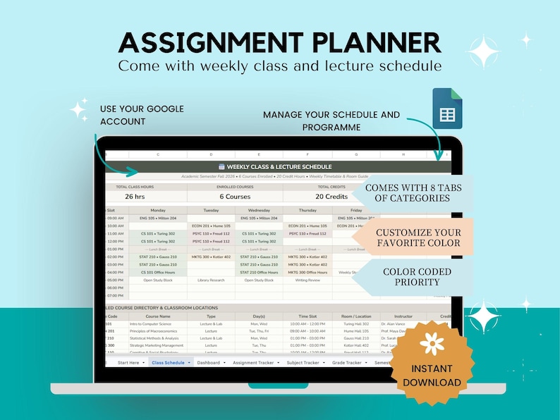 Puede incluir: Un planificador de tareas digital en la pantalla de una computadora port&aacute;til, que muestra un horario semanal de clases, directorio de cursos y ubicaciones de aulas. La interfaz incluye ocho pesta&ntilde;as, prioridades codificadas por colores y opciones de personalizaci&oacute;n.