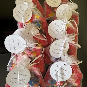 Pode incluir: Uma coleção de pequenos sacos de organza branca semitransparente com cordão, cheios de berloques de plástico coloridos. Cada saco possui uma etiqueta redonda de papel branco amarrada com uma fita branca, com o texto You have been pixie dusted! From room 8626.