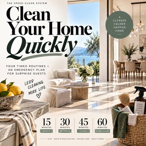 May include: A digital guide titled Clean Your Home Quickly featuring text about four timed routines, an emergency plan, and the phrase Less cleaning. More life. The design includes a bowl of lemons, a woven basket with cleaning supplies, and a home interior.