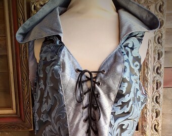 Huntress coat,Ink Blue and Grey Sleeveless coat, Renaissance , Corset Coat XL