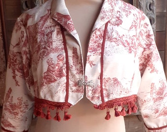 Red Toile de Jouy Bolero, Short Jacket, Shrug.