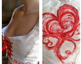 Hand painted corset, Red and White, Renaissance Bodice, Small size
