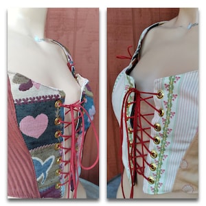 May include: A red and white patchwork corset with gold eyelets and red laces. The corset is tied in the front and has a sweetheart neckline.