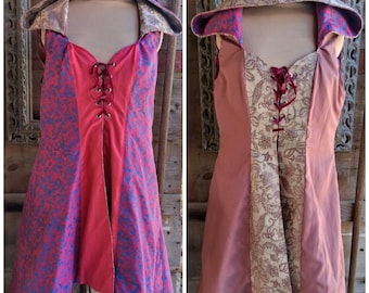 Huntress Coat, Old Rose or hot Pink and Turquoise. Reversible hooded Coat