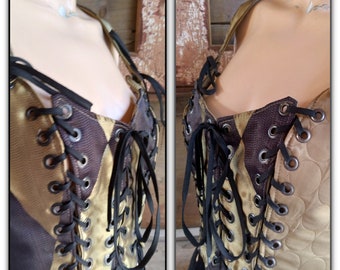 Beige and Black Corset, Adjustable Sizes 2-8 Burlesque, Reversible, Circus Ring Master