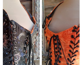 Orange Corset, Black Bodice  Halloween corset ,Reversible 8 in 1 , Size 14