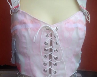 Corset rose et argenté, corsage, bustier blanc, corset Renaissance, bohème, fée, cosplay, mariage