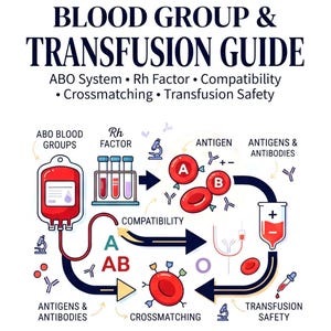 May include: A white educational study guide titled PROFECTATI COVER BLOOD GROUP & TRANSFUSION GUIDE. It features colorful medical illustrations of blood bags, test tubes, red blood cells, antigens, antibodies, and arrows explaining blood compatibility.
