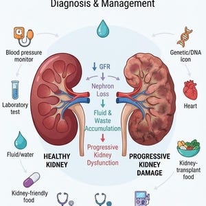 Pode incluir: Uma infografia educativa intitulada Chronic Kidney Disease (CKD) que compara um rim saudável com um rim com danos progressivos. Inclui ícones de pressão arterial, ADN, coração, alimentos, medicamentos, diálise e transplante renal.