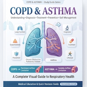 May include: A medical study guide titled COPD & ASTHMA featuring a central illustration of human lungs. The cover includes icons for lung function, diagnosis, treatment, and prevention, with text detailing respiratory health and airflow limitation.