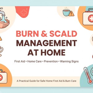 Puede incluir: Un póster educativo titulado BURN & SCALD MANAGEMENT AT HOME con el subtítulo First Aid, Home Care, Prevention, Warning Signs y A Practical Guide for Safe Home First Aid & Burn Care, con iconos de un grifo, tazas, botiquines y un termómetro.
