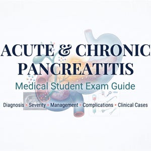 Op de afbeelding: Een witte boekomslag met de titel Acute & Chronic Pancreatitis Medical Student Exam Guide. De tekst is in donkerblauw en groen. Een centrale anatomische illustratie toont de alvleesklier en omliggende organen met medische iconen.