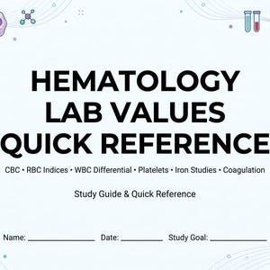 May include: A hematology lab values quick reference study guide featuring the text "HEMATOLOGY LAB VALUES QUICK REFERENCE" with illustrations of red blood cells, a test tube, a laboratory report, a microscope, and various medical icons.