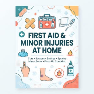 Puede incluir: Un póster titulado FIRST AID & MINOR INJURIES AT HOME con ilustraciones de un botiquín, vendas, un termómetro, un dedo con una venda, un tobillo con un moratón y una botella. El texto incluye Cuts, Scrapes, Bruises, Sprains, Minor Burns.