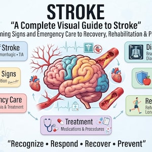 Infografikguide om stroke, SNABBA varningstecken, återhämtning, förebyggande (digital nedladdning) - 33 sidor