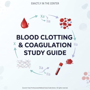 Puede incluir: Una guía de estudio médica titulada BLOOD CLOTTING & COAGULATION STUDY GUIDE, que presenta un diagrama circular con flechas, una gota de sangre roja, células sanguíneas, una red de fibrina y un tubo de recolección de sangre.