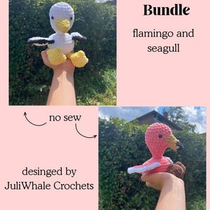 Könnte beinhalten: Ein 2in1-Musterpaket für eine Häkel-Flamingo und eine Möwe mit dem Text 2in1 pattern Bundle flamingo and seagull, no sew, und desinged by JuliWhale Crochets. Das Bild zeigt eine weiße Möwe mit gelbem Schnabel und einen rosa Flamingo.