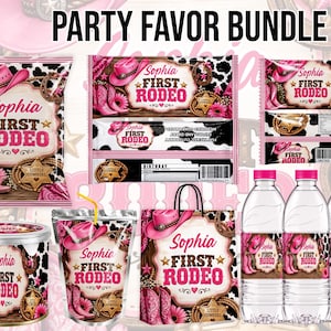 May include: A party favor bundle featuring pink cowgirl hats, boots, and cow print patterns with the text Sophia FIRST RODEO. Includes chip bags, candy bar wrappers, a round container, a drink pouch with a straw, a gift bag, and water bottles.