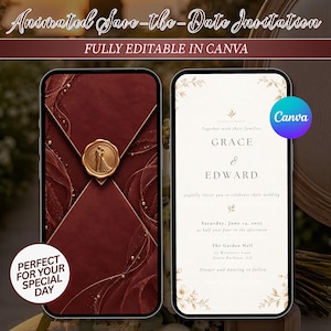 May include: Two smartphones displaying a digital wedding invitation. The left screen shows a deep red envelope with a gold wax seal featuring a couple. The right screen shows a white invitation with gold text for Grace and Edward.