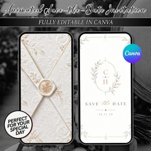 May include: Two smartphones displaying an animated save-the-date invitation. The left screen shows a white envelope with embossed floral patterns and a wax seal. The right screen shows a white invitation with gold text, floral borders, and the date 26.11.28.