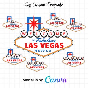 以下が含まれることがあります： Welcome to Fabulous Las Vegas Nevadaの看板グラフィックを特徴とするDIYカスタムテンプレート。中央の大きな看板と、番号付きの円が描かれた6つの小さなバリエーションが、テキスト付きの白いグリッド背景に配置されています。