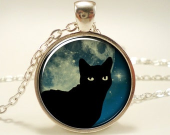 Black Cat Necklace With Full Moon, Esoteric Jewelry, Midnight Blue (1295S1IN)