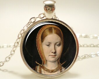 Catherine of Aragon Necklace, Queen of England Tudor Portrait Pendant, Henry VIII, Silver Plate (0532S1IN)