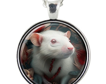 White Rat With Red Eyes Necklace Pendant, Mouse Lover Gifts For Her, Gothic Inspired Witchy Jewelry, Rodent Statement Piece