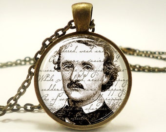 Edgar Allan Poe Necklace, Halloween Necklace, Gothic Jewelry, Bronze (0378B1IN)