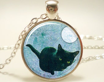Black Cat Necklace, Halloween Jewelry (0874S1IN)