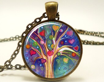 Tree Pendant, Whimsical Illustration Tree And Heart Necklace (0677B1IN)