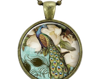 Peacock Necklace, Victorian Style Peacock Jewelry Glass Art Pendant, Esoteric Jewelry (0857B25MMBC)